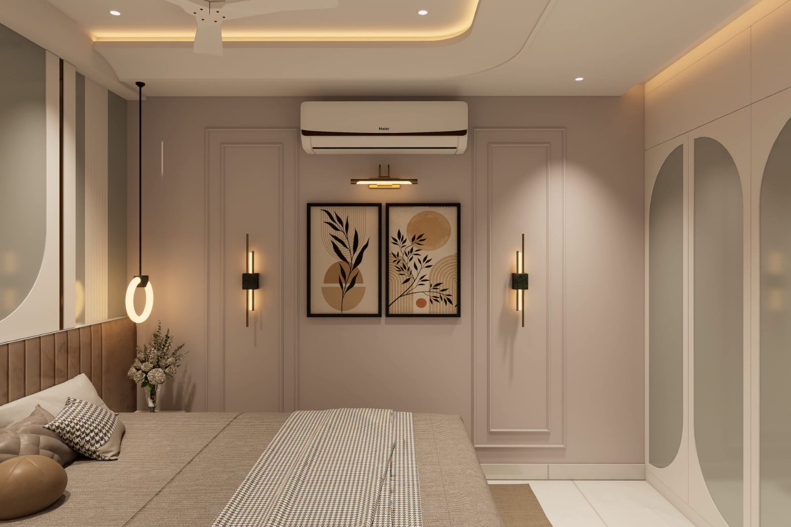 Ultra-Luxury Master Bedroom with Arched Wardrobe & Wall Sconces